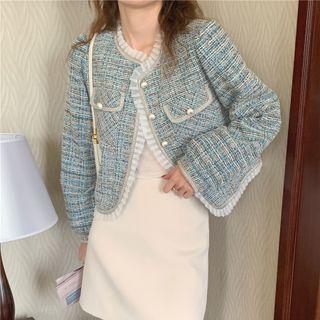 Frill Trim Cropped Button-up Jacket Blue - One Size