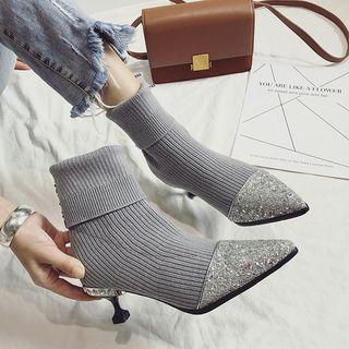 Rhinestone Panel Kitten Heel Mid-calf Boots