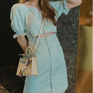 Puff-sleeve Plain Cut-out Dress