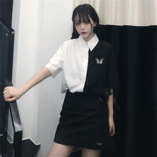 Short-sleeve Paneled Butterfly Embroidered Shirt Black & White - One Size