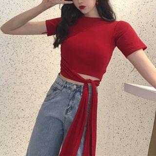 Short-sleeve Bow-back Cropped T-shirt / Washed Bell-bottom Jeans