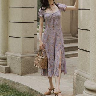 Floral Square Neck Split Midi Dress