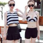 Set: Striped Bikini Top + Swim Shorts + Swim Skirt + Vest