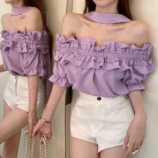 Puff-sleeve Off-shoulder Halter Neck Ruffled Blouse