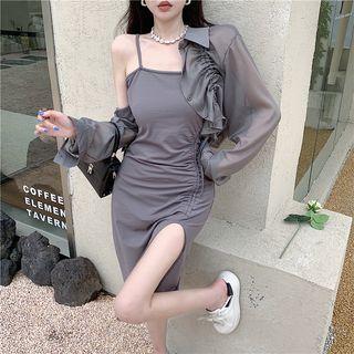 Drawstring Shirt / Spaghetti Strap Side-slit Sheath Dress