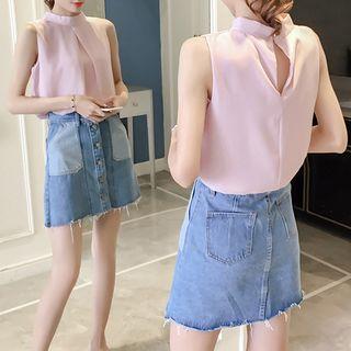 Set: Sleeveless Blouse + Denim Skirt