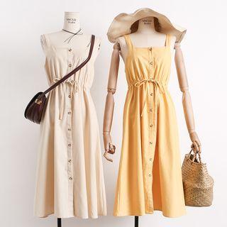 Drawstring-waist Sleeveless Shirtdress