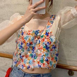 Short-sleeve Sheer Top / Floral Print Wide-strap Crop Top