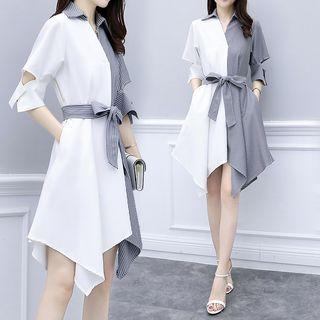 3/4-sleeve Striped Paneled A-line Asymmetric Dress