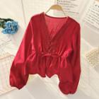 Balloon-sleeve Lace-trim Blouse Red - One Size