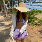 Tie-halter Patterned Coverup Bikini Set Purple - One Size