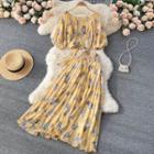 Set Of 2 : Off-shoulder Puff-sleeve Cropped Top + High-waist Chiffon Floral Skirt