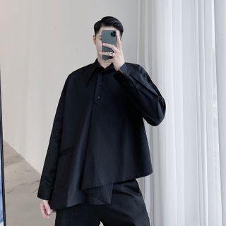 Long-sleeve Plain Asymmetrical Hem Shirt