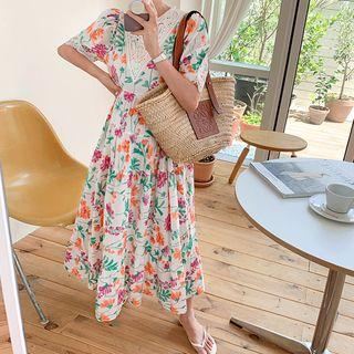 Lace-trim Tiered Long Floral Dress White - One Size