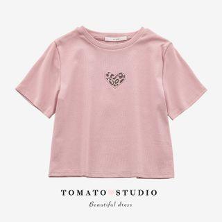 Round-neck Embroider Heart Cropped Top