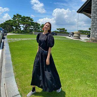 Striped Puff-sleeve Top & Maxi Full Skirt Set