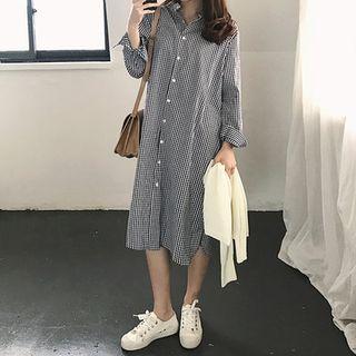 Mandarin-collar Gingham Long Shirtdress