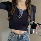 Contrast Trim Long-sleeve Cropped T-shirt As Shown In Figure - One Size