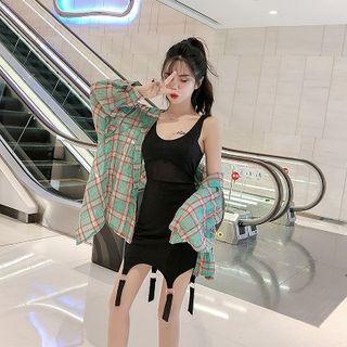 Set: Plaid Shirt + Mesh Panel Strappy Tank Dress