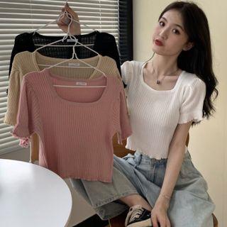 Short-sleeve Square-neck Plain Ruffle Trim Knit Top