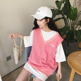 Crew-neck Elbow-sleeve T-shirt / Letter Embroidered Vest