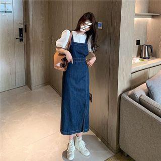 Puff-sleeve Top / Denim Midi Sheath Overall Dress