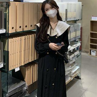 Long-sleeve Sailor-collar Double-breasted Midi Dress