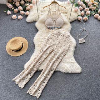 Set: Halter Neck Crochet Camisole Top + High Waist Straight Leg Pants