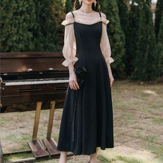 Cold-shoulder Mesh Sleeve A-line Maxi Dress