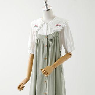Short-sleeve Floral Embroidered Blouse / Overall Dress