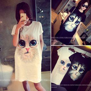 Cat Print Short-sleeve T-shirt Dress