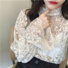 Lace Long-sleeve See-through Top Almond - One Size