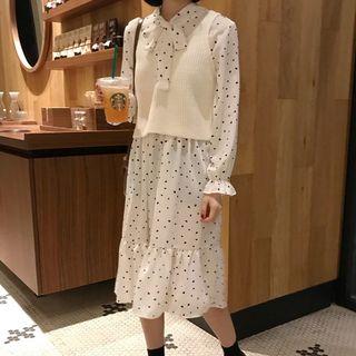 Heart Print Long-sleeve Chiffon Dress / Knit Vest