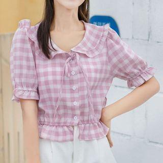 Short-sleeve Checkered Buttoned Top