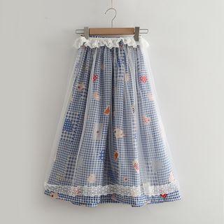 Plaid Midi A-line Mesh Layered Skirt