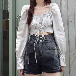Square-neck Cropped Blouse Light Gray - One Size
