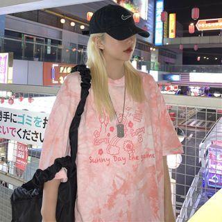 Elbow-sleeve Tie Dye Cartoon Print T-shirt