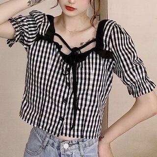 Plaid Short Sleeve Blouse As Shown In Figure - One Size