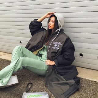 Hooded Color-block Faux-shearling Long Coat