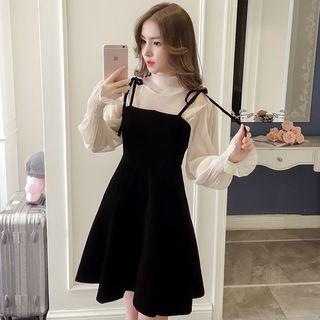 Long-sleeve Mock-neck Chiffon Top / Spaghetti Strap A-line Pinafore Dress / Set