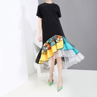 Short-sleeve Floral Panel Asymmetrical Midi Dress Black - One Size