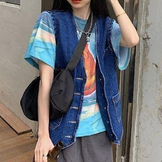 Short-sleeve Cat Print T-shirt / Button-up Denim Vest