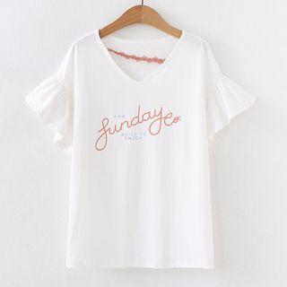 Short-sleeve Lettering V-neck T-shirt As Shown In Figure - One Size