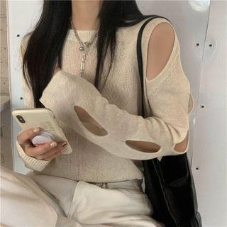 Long-sleeve Cutout Knit Top As Figure - One Size