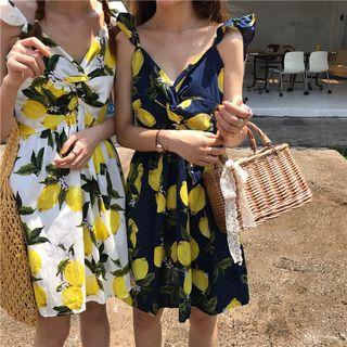 Sleeveless Frill Trim Lemon Print A-line Mini Dress