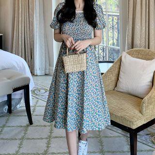 Short-sleeve Floral Print Midi Dress Floral - Blue & White - One Size