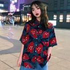 Leaf Print Elbow-sleeve Shirt Red - One Size