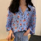 Floral Elbow-sleeve Shirt Blue - One Size