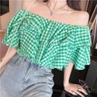 Gingham Ruffle Trim Off-shoulder Cropped Blouse