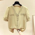 Short-sleeve V Neck Lace Trim Plain Button-up Chiffon Shirt